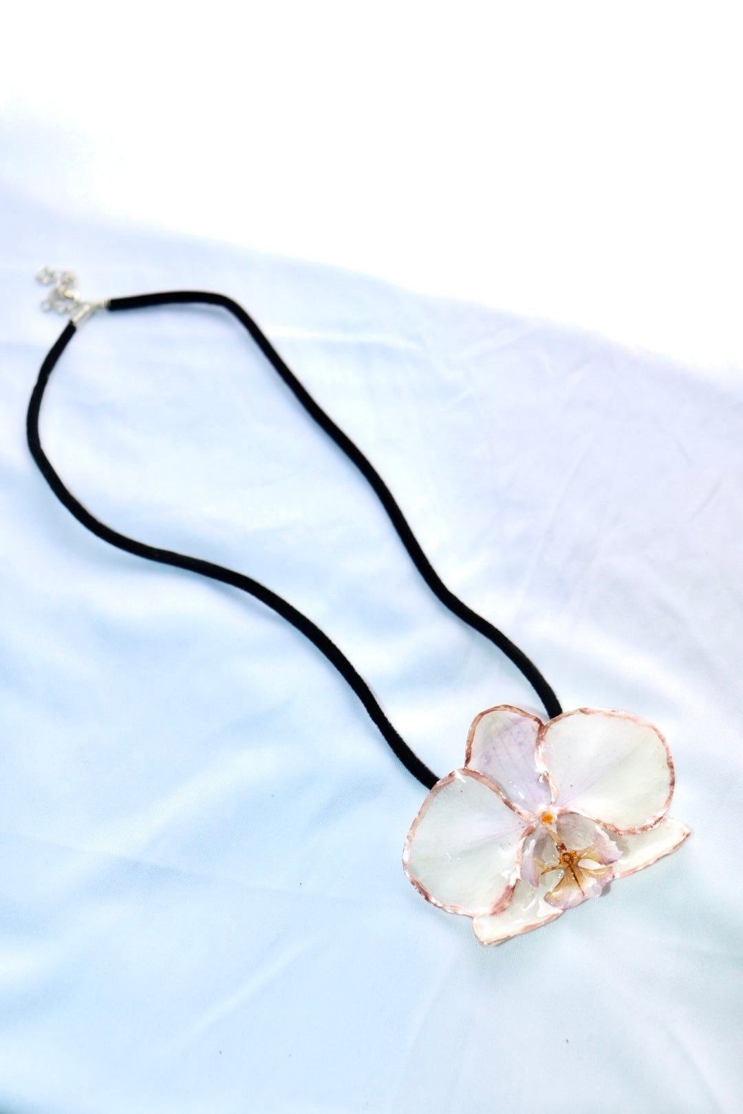 π€ Phalaenopsis White Orchid Necklace β Rose Gold Edge & Black Cord