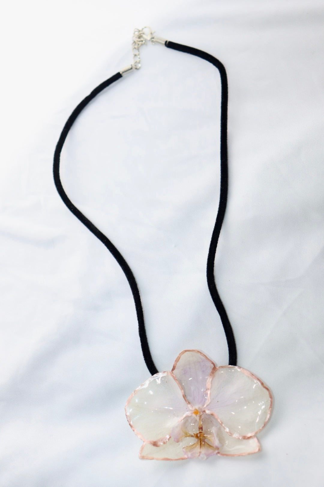π€ Phalaenopsis White Orchid Necklace β Rose Gold Edge & Black Cord