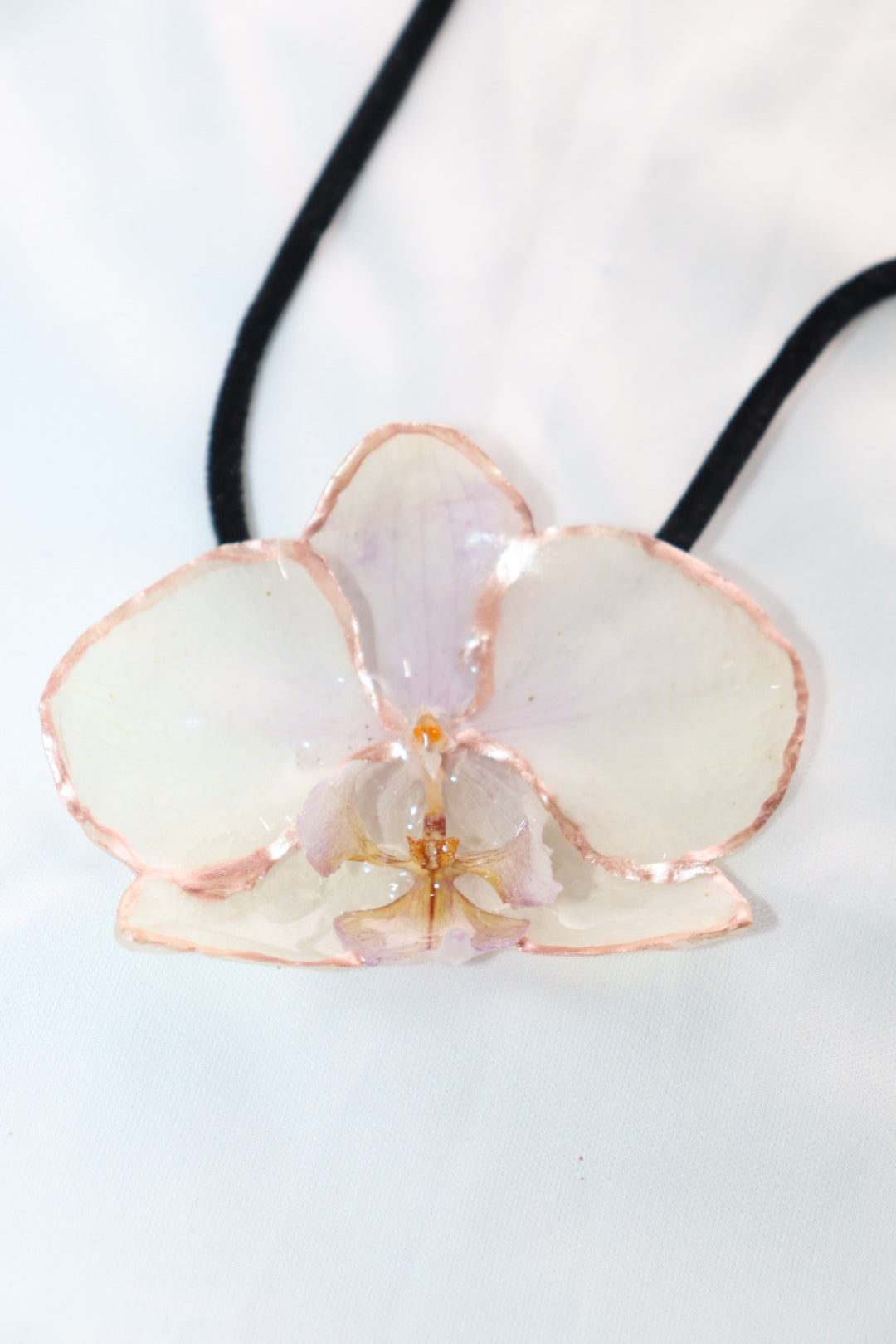 π€ Phalaenopsis White Orchid Necklace β Rose Gold Edge & Black Cord